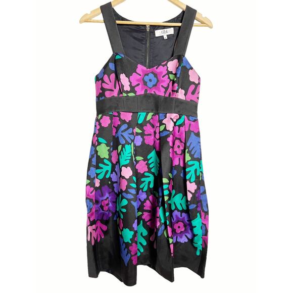 Tibi Black Floral Print Wool Silk Sleeveless Knee Length Cocktail Dress Size 6 - Picture 1 of 7